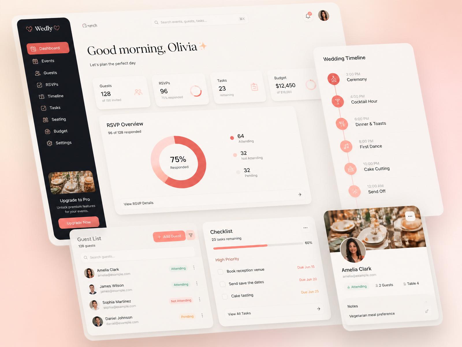 Dashboard do ConvidaFácil mostrando projetos e eventos, alertas, orçamento total, fluxo da equipe (captar, converter, executar) e calendário do mês